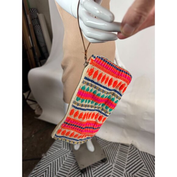 Handmade Tribal-Inspired Multicolor Cotton Canvas Clutch With Zipper & Leather S - Picture 14 of 16